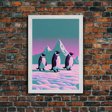Load image into Gallery viewer, Retrowave Penguins in the Arctic, synthwave style wall art, Antarctica art, framed canvas print, cute animal prints