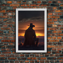 Carregar imagem no visualizador da galeria, A cowboy and his horse at sunset, framed canvas art, canvas print, western decor, farmhouse art