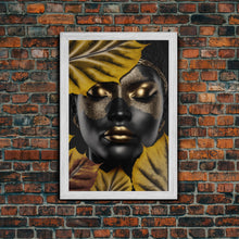 Load image into Gallery viewer, Beautiful Woman Art Framed Canvas Print Black Gold Woman Wall Art Lady Print, Gold Face Leaves Palm decor ready to hang Ethnic girl portrait