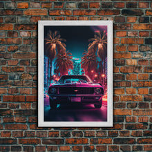Load image into Gallery viewer, American Muscle Car on Sunset Strip, Retro Synthwave Art, Framed Canvas Print, Gift For Him, Muscle Car Art