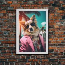 Load image into Gallery viewer, Corgi Wall Print, Dog Wall Art, Dog Sunglasses, Pink Suit, Floral Shirt, Funny Art, Framed Wall Art, Framed Canvas, Wall Print, Wall Canvas