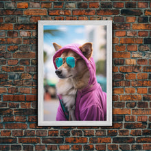 Cargar imagen en el visor de la galería, Corgi Pink Hoodie Wall Print, Animal Wall Art, Dog Portrait, Dog Art Print, Framed Wall Art, Framed Canvas, Wall Print, Wall Canvas