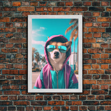 Cargar imagen en el visor de la galería, Corgi In Pink And Blue Hoodie Sunglasses Wall Print, Dog Art Print, Dog Portrait, Framed Wall Art, Framed Canvas, Wall Print, Wall Canvas