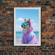 Cargar imagen en el visor de la galería, Corgi In Purple Hoodie Sunglasses Wall Print, Beach Art, Dog Print, Dog Portrait, Framed Wall Art, Framed Canvas, Wall Print, Wall Canvas