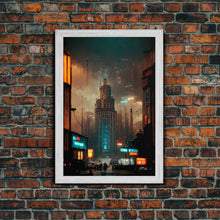 Load image into Gallery viewer, Art Deco Cyberpunk Cityscape Canvas Print, Scifi art, cool wall art for mancave, dystopian art, architecture