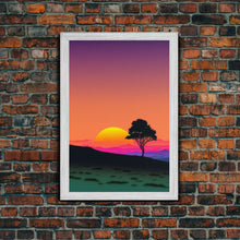 Carregar imagem no visualizador da galeria, A Lone Tree in a Texas Field At Sunset, Retro Style MCM Art, Framed Canvas Print, Trendy Wall Prints, Landscape and Sunset Outrun Art