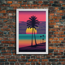 Carregar imagem no visualizador da galeria, Framed Canvas Print | Synthwave Sunset with Palm Trees | Home Decor | Ready to Hang | Retro Style Decor