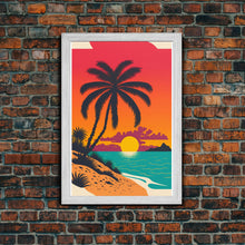 Carregar imagem no visualizador da galeria, Framed Canvas Print - Art Deco Sunset, Beaches, Minimalist Palm trees - Island Vibes - Retro Tropical Art - Pop Art Beach Decor