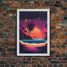 Carregar imagem no visualizador da galeria, Framed Canvas Print - Pop Art Style Beach at Sunset with Palm Trees - Retro Style - Living Room / Office / Bedroom Wall Art