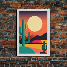 Load image into Gallery viewer, Pop Art Framed Canvas Print of Desert Landscape at Sunset, Outrun Style Sunset Full Moon Art, Unique 80s Vibe Retro Art, Art Deco