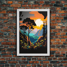 Load image into Gallery viewer, Colorful Pop Art Picture of a Mountain and Forest Landscape, Framed Canvas Print, Surrealist High Contrast Cel Shaded Landscape Art