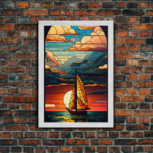 Load image into Gallery viewer, Art Deco Wall Art, Sailboat and Sunset Framed Canvas Print, Art Deco / MCM Wall Art, Stained Glass Reflections