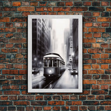 Carregar imagem no visualizador da galeria, Brooklyn Street Car Trolley, Framed Canvas Print, Retro Charcoal Drawing of NYC in The Rain