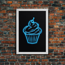 Load image into Gallery viewer, Blue Neon Lights Cupcake Wall Decor, Kitchen Wall Art, Glowing Art, Minimalist Print, Wall Decor, Canvas Print, Wall Art, Framed Canvas