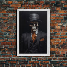 Load image into Gallery viewer, Spooky Skeleton Business Man, Halloween Art, Framed Canvas Print, Halloween Canvas, Skeleton Painting, Victorian Gothic Decor