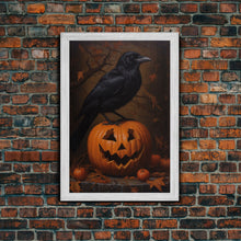Load image into Gallery viewer, Crow Atop A Jack O Lantern, Framed Canvas Print, Halloween Decor, Raven Painting, Victorian Oil Painting Print, Macabre Horror Print