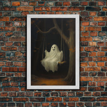Load image into Gallery viewer, The Happy Playground Ghost, Funny Halloween, Vintage Halloween Canvas, Framed Canvas Print, Cute Wall Art, Ghost On A Swing, Macabre Art