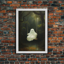 Load image into Gallery viewer, Cute Little Boo Playground Ghost, Funny Halloween, Vintage Halloween Canvas, Framed Canvas Print, Cute Wall Art, Ghost On A Swing, Macabre