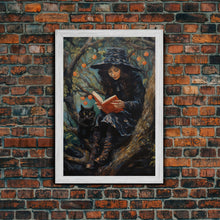 Load image into Gallery viewer, Cute Witch Reading Spells To Her Black Cat Familiar, Vintage Halloween Art, Framed Canvas Print, Halloween Canvas Art, Witchcraft