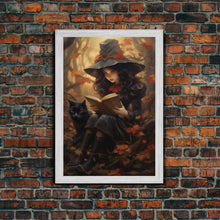 Load image into Gallery viewer, Cute Little Witch Reading Spells To Her Black Cat Familiar, Vintage Halloween Art, Framed Canvas Print, Halloween Canvas Art, Witchcraft