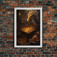 Load image into Gallery viewer, Dragon Art, Fantasy Art, Treasure Chest, Canvas Print, Wall Hanging, Portrait Art, Video Game Art, Nerdy Home Decor, Gift For Friend