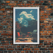 Load image into Gallery viewer, Back Yard Chillin', Summer Vibes, Framed Canvas Print, Retro Midcentury Modern BBQ Art, BBQ During An Eclipse, Liminal Art, Minimalist MCM