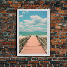 Load image into Gallery viewer, Beach Boardwalk, Vaporwave Summer Vibes, Framed Canvas Print, Retro Midcentury Modern Art, Liminal Art, Minimalist MCM Lakehouse Art