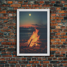 Load image into Gallery viewer, Beach Campfire Under A Full Moon, Photography Print, Framed Canvas Print, Beach House Decor, Coastal Decor, Beach Print, Beach Art
