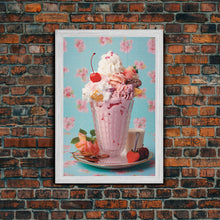 Load image into Gallery viewer, A Strawberry Sunday, Ice Cream Art, Framed Canvas Print, Ice Cream Parlor Decor, Icecream Shop Wall Art, MCM Style Decor, Kitchen decor