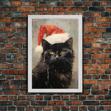 Cargar imagen en el visor de la galería, Christmas Cat In A Christmas Hat, Farmhouse Christmas, Farmhouse Decor, Framed Canvas Print, Seasonal Wall Art, Winter Decor, Christmas Art