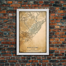 Load image into Gallery viewer, Barcelona Spain map print poster or framed canvas, Barcelona map print poster canvas, Spain city map print poster canvas, Vintage Travel Art