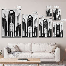 Load image into Gallery viewer, Art Deco Black And White Art Print, Art Deco Architecture, Framed Canvas Print, Ready To Hang Framed Wall Art, Living Room Wall Hanging