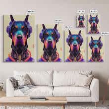 Load image into Gallery viewer, Cyberpunk Dobermann Pinscher Portrait, Watercolor, Framed Canvas Print, Ready To Hang Framed Wall Art, Living Room Wall Hanging