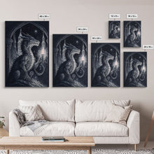 Load image into Gallery viewer, Black and white fantasy dragon, framed canvas print