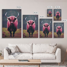Cargar imagen en el visor de la galería, Colorful farmhouse art, Highland cow, Scotland cattle, framed canvas print, pink cow