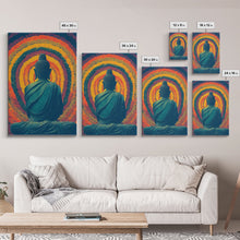 Cargar imagen en el visor de la galería, Colorful rainbow Buddha facing a ring of flowers, framed canvas print, yoga studio art
