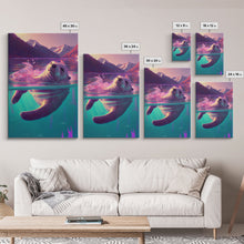 Carregar imagem no visualizador da galeria, Cute Otter going for a swim, pastel retro style art, framed canvas print, Otter out for a swim in a mountain lake