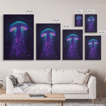 Carregar imagem no visualizador da galeria, Bioluminescent Jellyfish against a Starry night sky, Cosmic Jelly Fish, Framed Canvas Print, synthwave style art