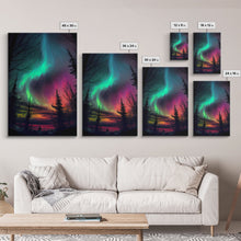 Carregar imagem no visualizador da galeria, Aurora Borealis, Northern Lights Art, framed canvas print, snow capped mountain landscape art