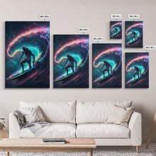 Load image into Gallery viewer, Astronaut surfing the stars, Cosmic Surfer, Galaxy Art, framed canvas print, unique colorful wall art