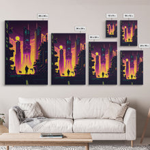 Load image into Gallery viewer, Cyberpunk art, Retrowave style dystopian cityscape art, game room art, framed canvas print, retro wave city skyline