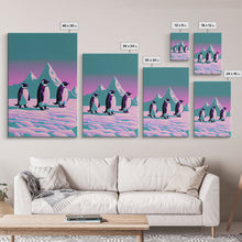 Load image into Gallery viewer, Retrowave Penguins in the Arctic, synthwave style wall art, Antarctica art, framed canvas print, cute animal prints