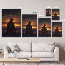 Carregar imagem no visualizador da galeria, A cowboy and his horse at sunset, framed canvas art, canvas print, western decor, farmhouse art