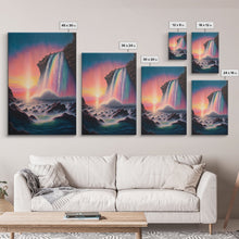 Carregar imagem no visualizador da galeria, A Mythical Waterfall and Rainbow pouring Into the ocean blue at sunset, framed canvas print