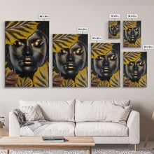 Load image into Gallery viewer, Beautiful Woman Art Framed Canvas Print Black Gold Woman Wall Art Lady Print, Gold Face Leaves Palm decor ready to hang Ethnic girl portrait