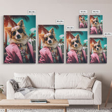 Load image into Gallery viewer, Corgi Wall Print, Dog Wall Art, Dog Sunglasses, Pink Suit, Floral Shirt, Funny Art, Framed Wall Art, Framed Canvas, Wall Print, Wall Canvas