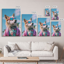 Load image into Gallery viewer, Corgi In Pink Suit Sunglasses Wall Print, Animal Print, Dog Portrait, Dog Art Print, Framed Wall Art, Framed Canvas, Wall Print, Wall Canvas