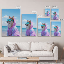Cargar imagen en el visor de la galería, Corgi In Purple Hoodie Sunglasses Wall Print, Beach Art, Dog Print, Dog Portrait, Framed Wall Art, Framed Canvas, Wall Print, Wall Canvas