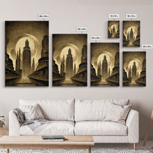 Load image into Gallery viewer, Dystopian Metropolis Art Deco Canvas Print, City Skyline, Fantasy Art, Art Deco Living Room Art, ready to hang wall art