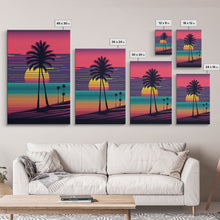 Carregar imagem no visualizador da galeria, Framed Canvas Print | Synthwave Sunset with Palm Trees | Home Decor | Ready to Hang | Retro Style Decor
